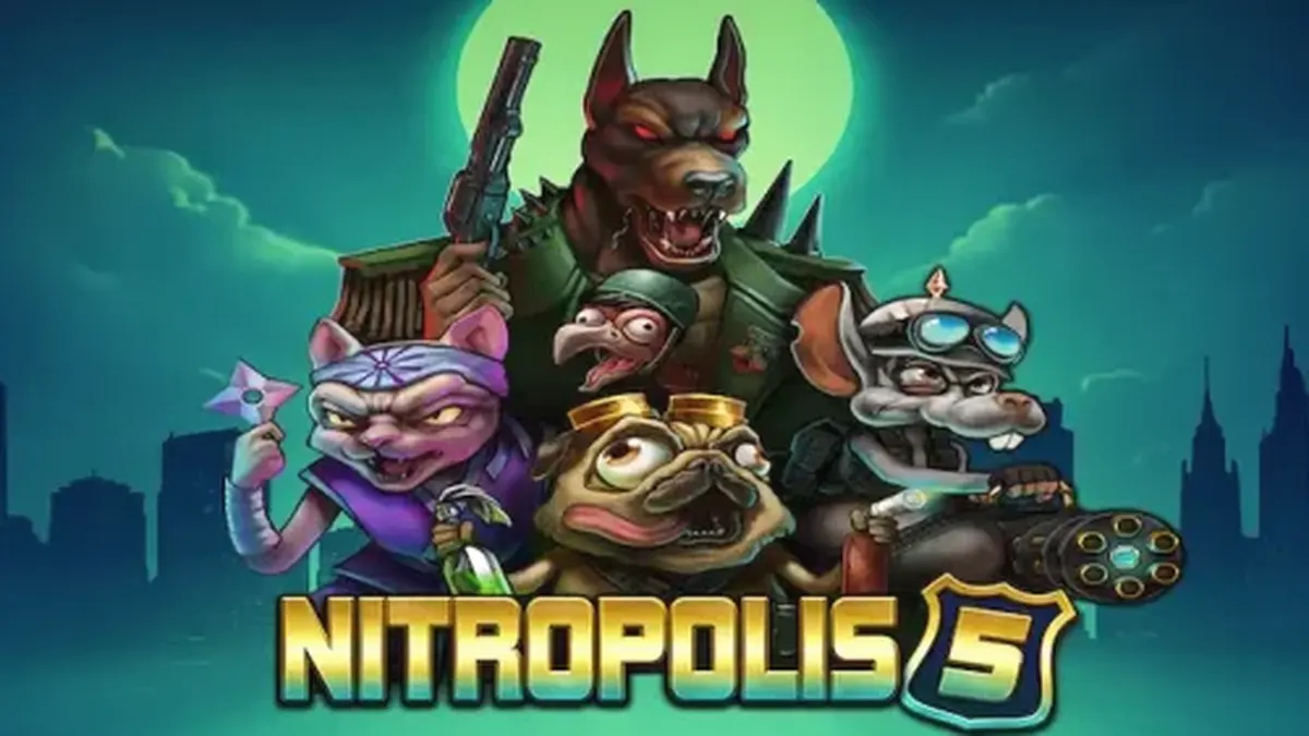 Cena de ação intensa do jogo Nitropolis 5 com elementos futuristas e animais rebeldes