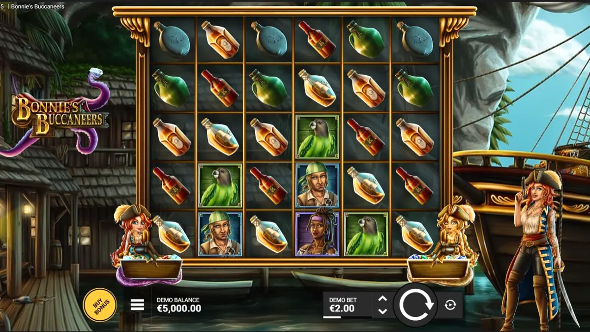 Bonnie’s Buccaneers slot game interface featuring pirate theme and treasure chests