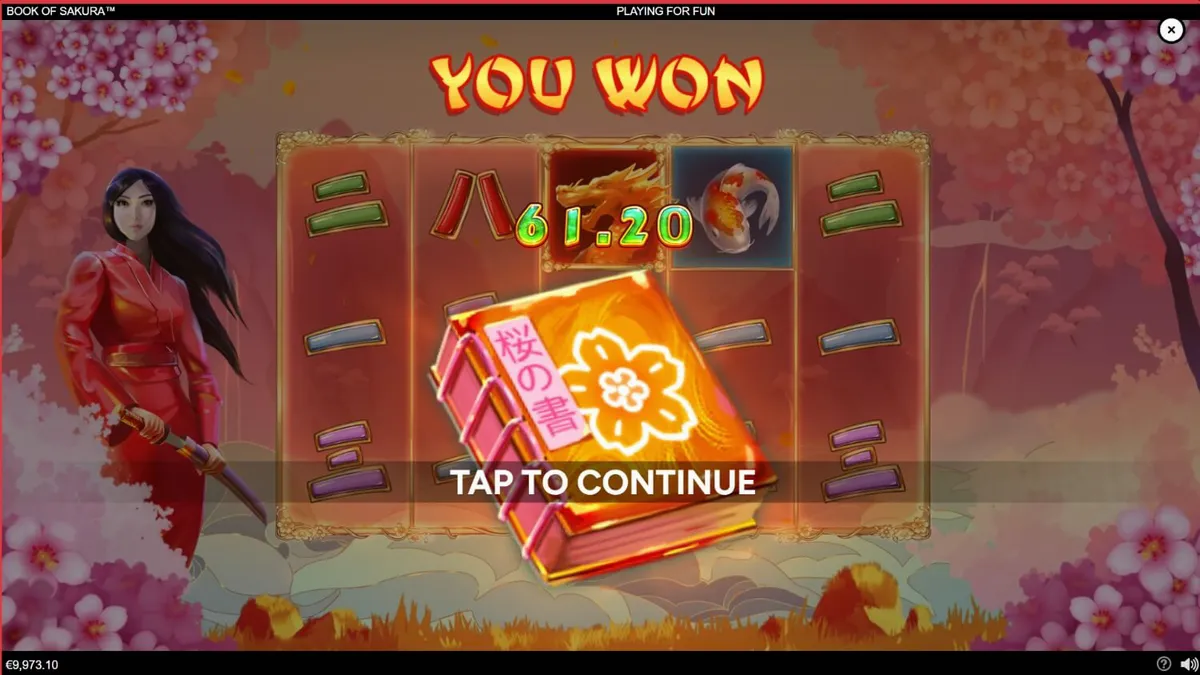Interface do jogo de slot Book of Sakura com tema japonês e guerreira